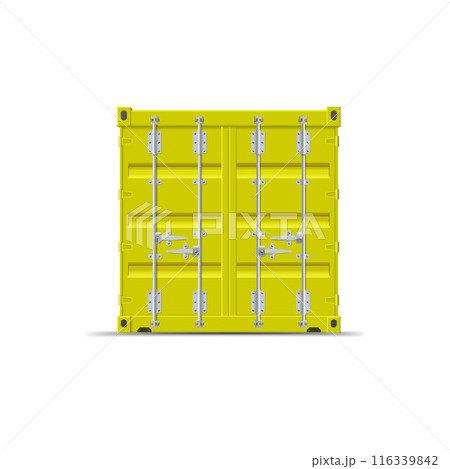 Cargo ship container vector mockup back view, yellow transportation metal freight storage with closed doors lock latch 116339842