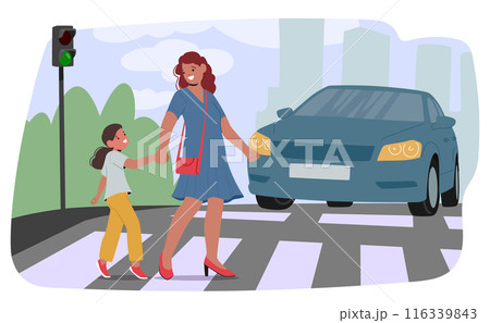 Mother And Daughter Holding Hands While Safely Crossing A Street At A Zebra Crossing, Traffic Light Green And Car Stops Mother And Daughter Holding Hands While Safely Crossing A Street At A Zebra Crossing, Traffic Light Green And Car Stops 116339843
