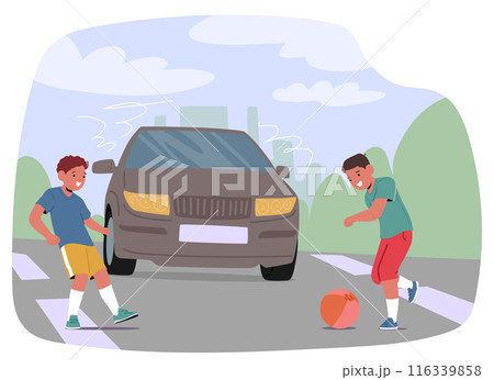 Children Playing With A Ball Near A Road While A Car Approaches, Emphasizing The Importance Of Traffic Safety Children Playing With A Ball Near A Road While A Car Approaches, Emphasizing The Importance Of Traffic Safety 116339858