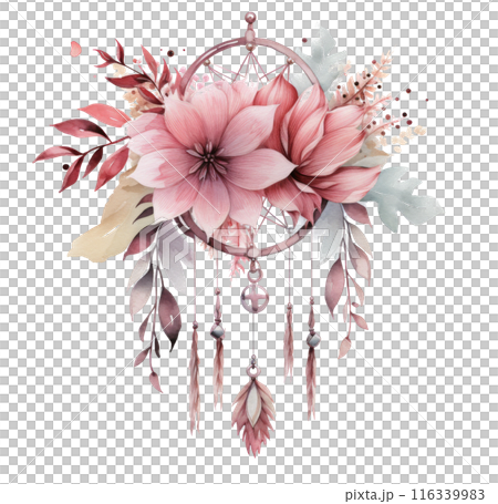 Flowers and Feathers Painting on White Background 116339983