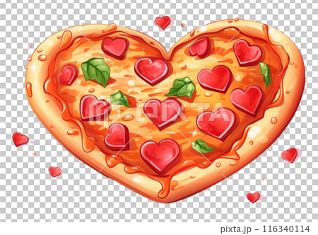 Indulge in a heart-shaped pizza with tomatoes and basil. Truly delicious for sweet couples, creating a flavorful and romantic experience to cherish together. AI Generated 116340114