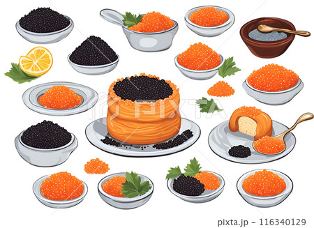 Experience luxurious caviar service featuring a variety of premium caviar, perfect for discerning palates and sophisticated occasions. AI Generated 116340129