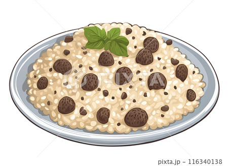Delectable truffle risotto featuring finely shaved black truffles, perfect for an exquisite fine dining experience, offering luxurious flavors and culinary sophistication. AI Generated 116340138