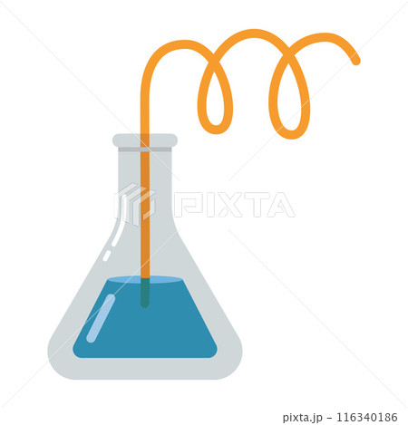 Laboratory test tube, flask with a straw. Transparent glassware with chemical reagents. Experiment equipment for chemistry lessons. Vector illustration isolated on white, flat design Laboratory test tube, flask with a straw. Transparent glassware with chemical reagents. Experiment equipment for chemistry lessons. Vector illustration isolated on white, flat design 116340186