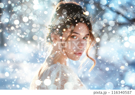 Elegant woman in floral tiara poses amid sparkling lights, winter theme. Close-up showcases grace, luxury attire. Ethereal ambience reflects festive, enchanting mood. Fantasy, beauty focus. 116340587