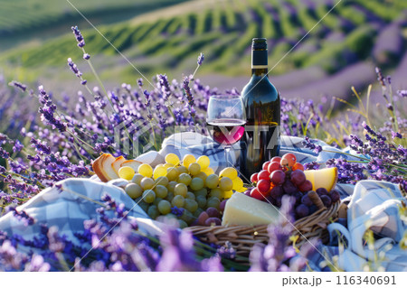 Picnic setup in a lavender field featuring a bottle of wine, a glass, grapes, lavender flowers 116340691