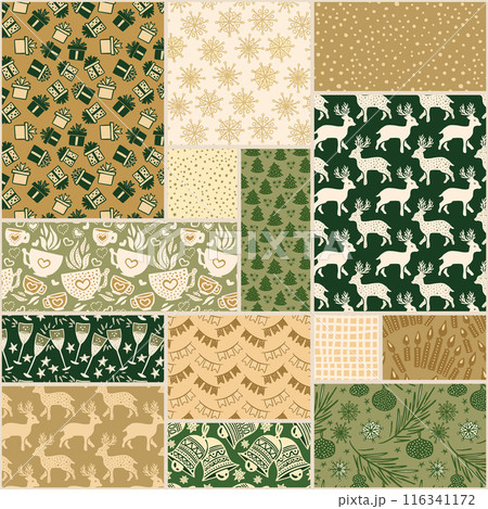 Retro Seamless pattern with Christmas trees, snowflakes and deer. Patchwork style collection Retro Seamless pattern with Christmas trees, snowflakes and deer. Patchwork style collection 116341172