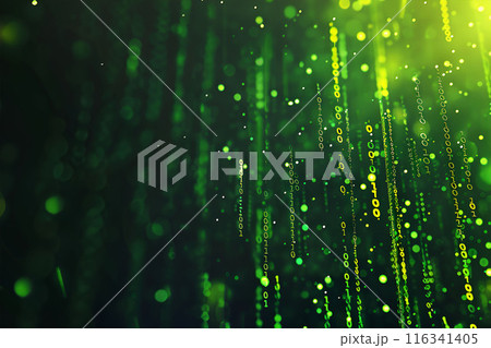 Generative Ai illustration. Digital data streams flow into each other - green binary code series 116341405