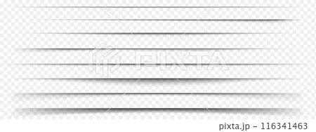 Set of paper shadow effects. Horizontal divider shade lines isolated on transparent background. Notebook worksheet, book page, card or flyer, banner or poster with blurred borders 116341463