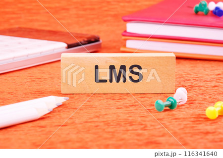 Business concept. Learning Management System LMS word on wooden blocks in front of an orange background 116341640