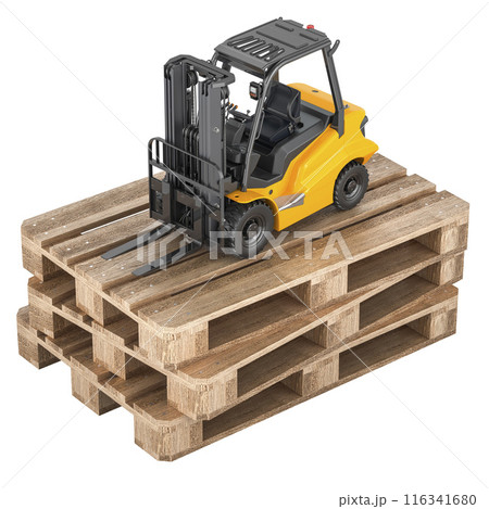 Forklift truck on the wooden pallets. 3D rendering 116341680