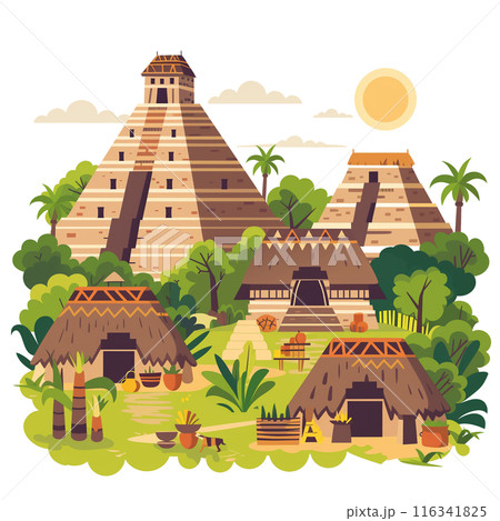 Illustration Of Ancient Mayan Village With Huts: Depicting Maya Civilization Life, Native American Cooking And Working In Aztec Pyramids. Flat Design Of Mexican Landscape. 116341825