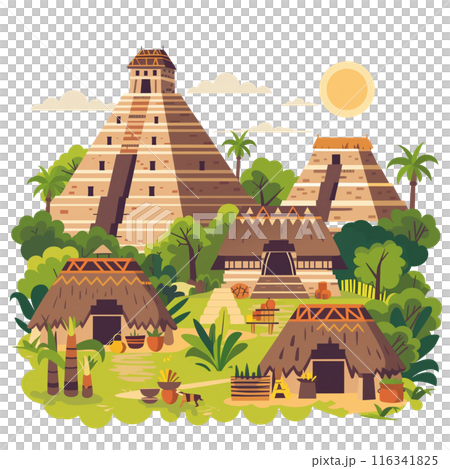 Illustration Of Ancient Mayan Village With Huts: Depicting Maya Civilization Life, Native American Cooking And Working In Aztec Pyramids. Flat Design Of Mexican Landscape. 116341825