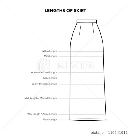 Length of Skirt - mini, above the knee, below, midi, Maxi, Ankle and floor styles technical fashion illustration. Flat Length of Skirt - mini, above the knee, below, midi, Maxi, Ankle and floor styles technical fashion illustration. Flat 116341911