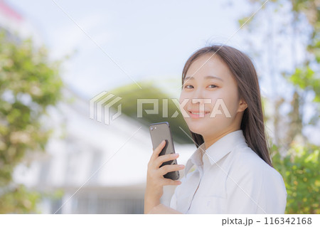 街中で座ってスマホを使う女子高生 116342168