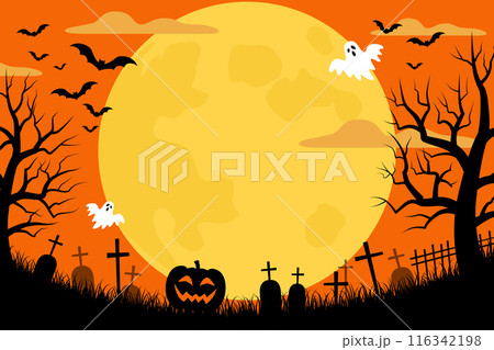 満月の夜のハロウィン背景_ベクターイラスト（2:3） 116342198