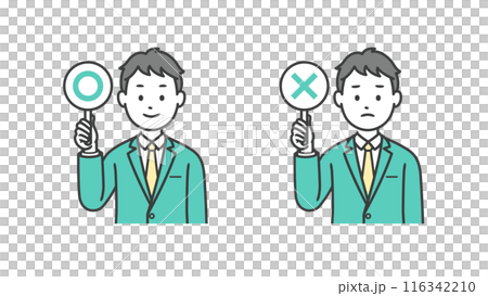 Illustration of a male student raising a circle or cross sign Illustration of a male student raising a circle or cross sign 116342210