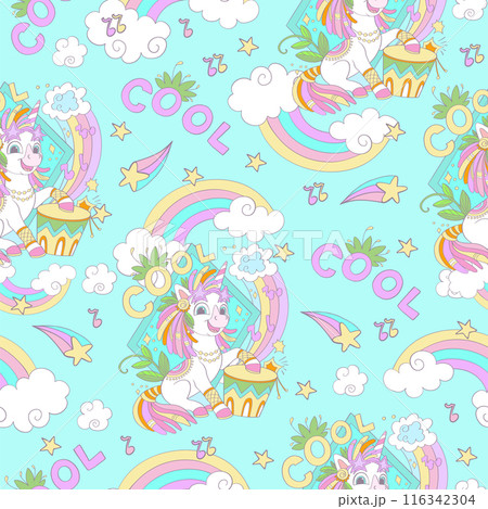 Cute unicorn with a drum seamless pattern vector Illustration 116342304