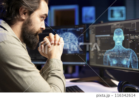 Software developer unable to believe eyes after seeing AI gaining humanoid form and consciousness. Computer scientist surprised by artificial intelligence materializing on screen unprompted 116342614