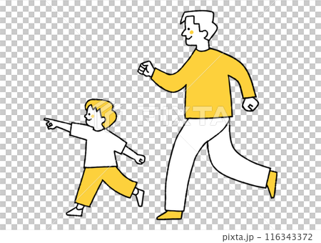 A father runs with a child who points A father runs with a child who points 116343372