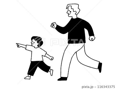 指をさす子どもと一緒に走るお父さん_2 指をさす子どもと一緒に走るお父さん_2 116343375