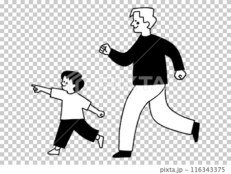 指をさす子どもと一緒に走るお父さん_2 指をさす子どもと一緒に走るお父さん_2 116343375