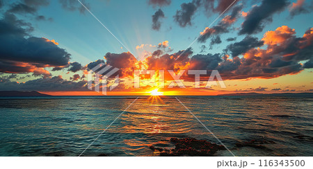 Calm Sea sunset landscape. Purple, pink, orange fiery golden hour evening sky in the horizon. Mindfulness, meditation, calmness, serenity, relaxation concept wallpaper background 116343500