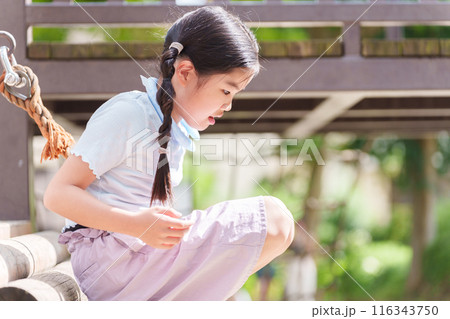 夏休みにアイスリングをつけてアスレチックで遊ぶ小学生 116343750