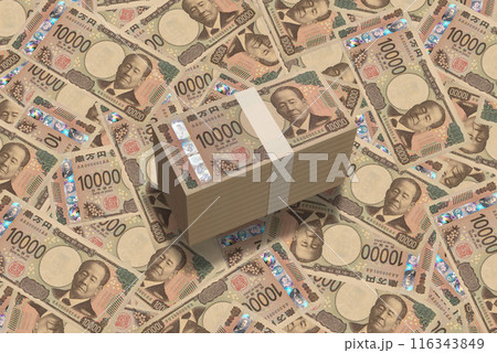 敷き詰められた新紙幣の一万円札と一千万円の札束 敷き詰められた新紙幣の一万円札と一千万円の札束 116343849
