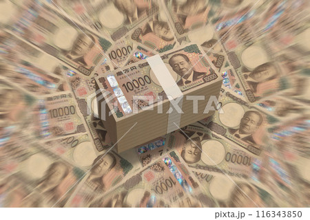 敷き詰められた新紙幣の一万円札と一千万円の札束 116343850