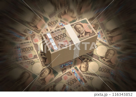 敷き詰められた新紙幣の一万円札と一千万円の札束 敷き詰められた新紙幣の一万円札と一千万円の札束 116343852
