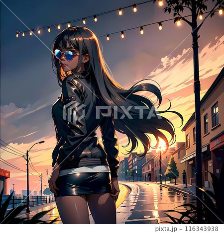 夕暮れの街を歩く女性 116343938