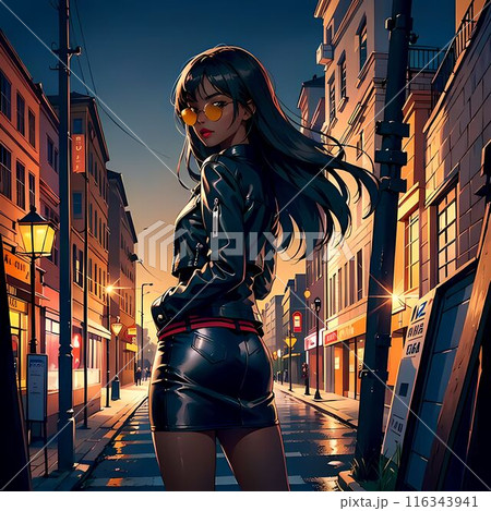 夕暮れ時に街を見つめる女性 116343941