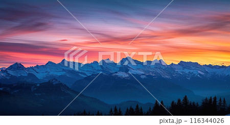 Swiss Alps snowy mountain range with valleys and meadows, countryside in Switzerland landscape. Golden hour majestic fiery sunset sky, travel destination wallpaper background 116344026