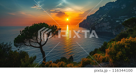 Amalfi coast coastline in Sorrentine Peninsula, Campania region, Italy. Holiday destination shoreline with hills, beaches, and cliffs, sea view, sunset golden hour wallpaper 116344100