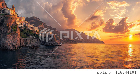 Amalfi coast coastline in Sorrentine Peninsula, Campania region, Italy. Holiday destination shoreline with hills, beaches, and cliffs, sea view, sunset golden hour wallpaper 116344101