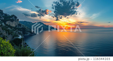 Amalfi coast coastline in Sorrentine Peninsula, Campania region, Italy. Holiday destination shoreline with hills, beaches, and cliffs, sea view, sunset golden hour wallpaper 116344103