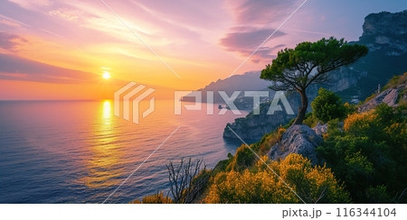 Amalfi coast coastline in Sorrentine Peninsula, Campania region, Italy. Holiday destination shoreline with hills, beaches, and cliffs, sea view, sunset golden hour wallpaper 116344104