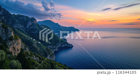 Amalfi coast coastline in Sorrentine Peninsula, Campania region, Italy. Holiday destination shoreline with hills, beaches, and cliffs, sea view, sunset golden hour wallpaper 116344105