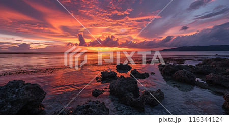 Great Barrier Reef on the coast of Queensland, Australia rocky beach seascape. Rocks and pebbles, purple and orange golden hour sunset evening sky horizon sea wallpaper background 116344124