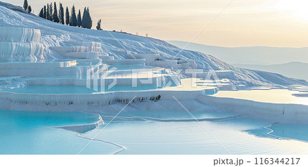 Mineral rich baby blue thermal waters in white travertine terraces on a hillside in Pamukkale, Turkey. Outdoors spa in nature, travel destination, relaxation and calmness landscape background 116344217