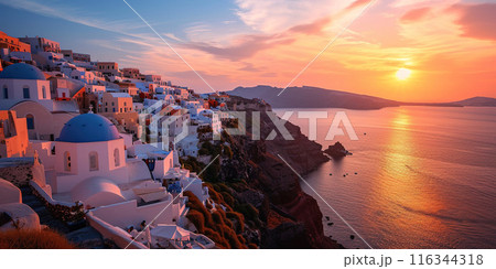 Santorini Thira island in southern Aegean Sea, Greece sunset. Fira and Oia town with white houses overlooking cliffs, beaches, and small islands panorama background wallpaper Santorini Thira island in southern Aegean Sea, Greece sunset. Fira and Oia town with white houses overlooking cliffs, beaches, and small islands panorama background wallpaper 116344318