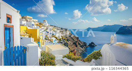 Santorini Thira island in southern Aegean Sea, Greece daytime. Fira and Oia town with white houses overlooking cliffs, beaches, and small islands panorama background wallpaper 116344365