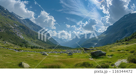 Swiss Alps mountain range with lush forest valleys and meadows, countryside in Switzerland landscape. Snowy mountain tops in the horizon, travel destination wallpaper background Swiss Alps mountain range with lush forest valleys and meadows, countryside in Switzerland landscape. Snowy mountain tops in the horizon, travel destination wallpaper background 116344472