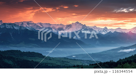 Swiss Alps snowy mountain range with valleys and meadows, Switzerland landscape. Golden hour sunset, serene idyllic panorama, majestic nature, relaxation, calmness concept 116344554