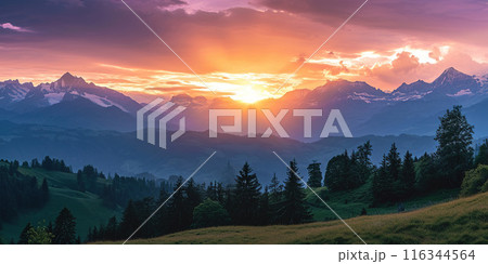 Swiss Alps snowy mountain range with valleys and meadows, Switzerland landscape. Golden hour sunset, serene idyllic panorama, majestic nature, relaxation, calmness concept 116344564