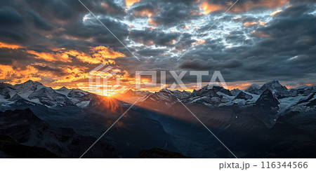 Swiss Alps snowy mountain range with valleys and meadows, Switzerland landscape. Golden hour sunset, serene idyllic panorama, majestic nature, relaxation, calmness concept 116344566