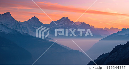 Swiss Alps snowy mountain range with valleys and meadows, countryside in Switzerland landscape. Golden hour majestic fiery sunset sky, travel destination wallpaper background 116344585