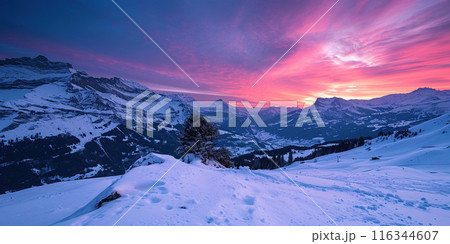 Swiss Alps snowy mountain range with valleys and meadows, countryside in Switzerland landscape. Golden hour majestic fiery sunset sky, travel destination wallpaper background 116344607