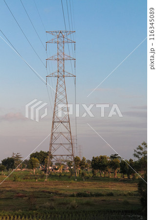 Cable construction on electric pole with sky background 116345089
